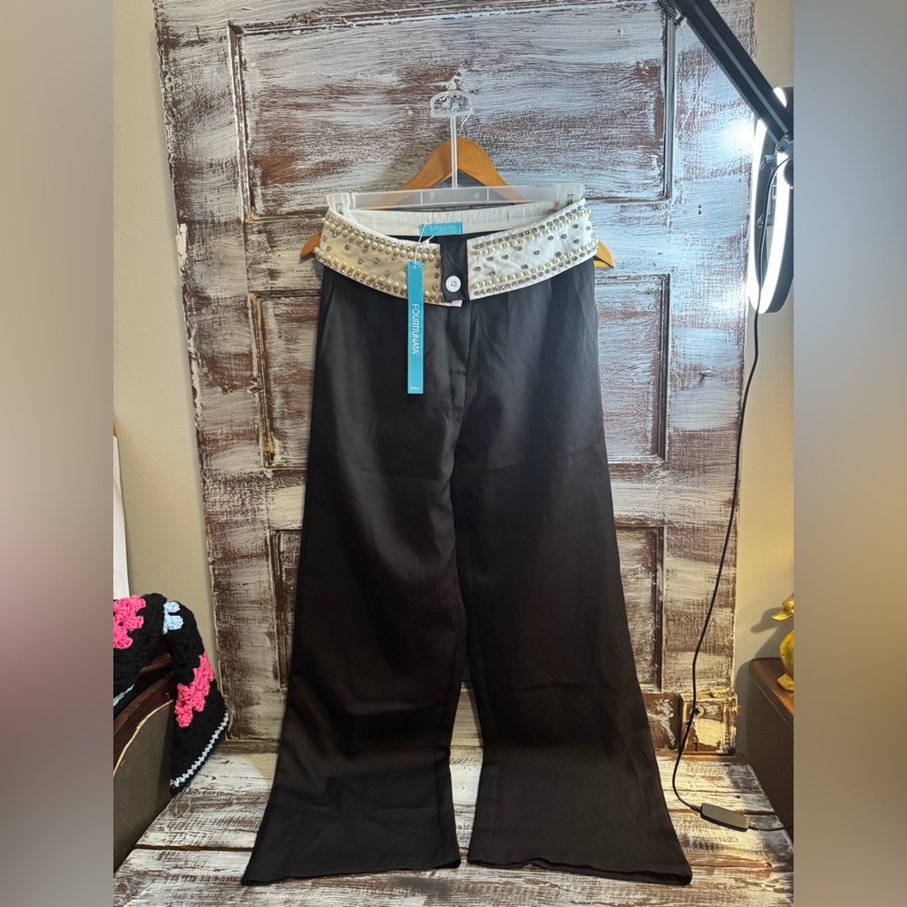 Black Wide Leg Pants with Embellished Waistband